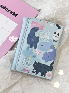 Cute light blue cat illustration trifold mini wallet on a white textured background