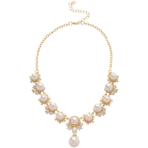 Elegant gold necklace set with pearls and crystals featuring flower and teardrop pendants