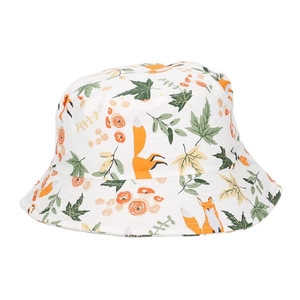 Kids cotton sun hat featuring cute orange fox and autumn maple leaf prints on white