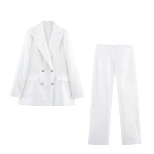 Women Elegant Solid White Double Breasted Blazer And Straight Leg Pants Suit Professional Business Office Lady Professional Outfit