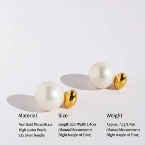 Elegant gold-plated pearl stud earrings with organic metal design and 925 silver pins