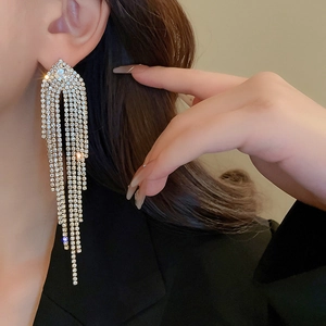 Close-up of sparkling long tassel drop earrings with crystals worn by a model