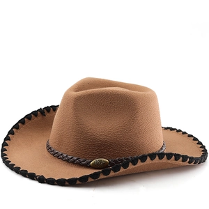 Western Cowboy Hat Polyester Felt Retro Jazz Style Bull Head Ornament Braided Band Whipstitch Wide Brim For Men Women