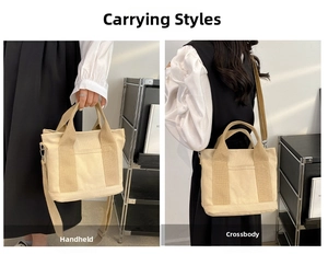 Minimalist canvas tote bag shown in both handheld and crossbody styles in an indoor setting