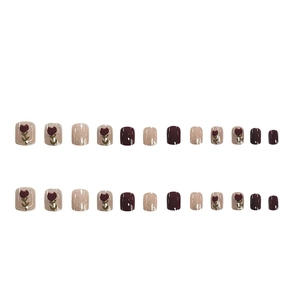 24pcs Rose Pink and Wine Red Matte Press-on Nails with Glitter and Tulip Floral Print