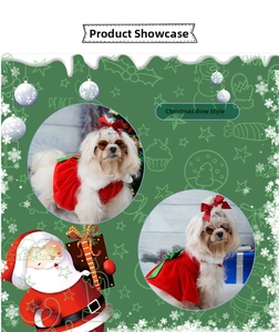 Detail of red velvet pet Christmas dress with white fur trim and green ribbon bow decoration