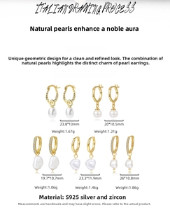Detailed comparison of five S925 silver pearl drop earrings with weights and dimensions