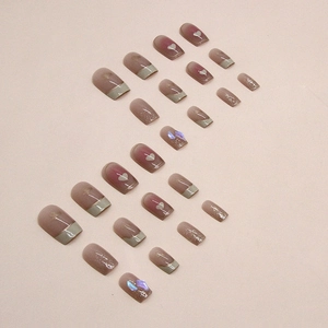 24pcs pink french heart press on nails with glitter and 3D bowknot butterfly accents