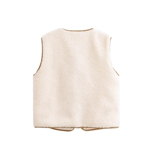 Contrast suede faux shearling vest in cream white with brown leather-look piping trim