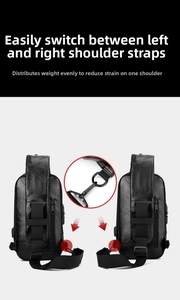 Detail of adjustable shoulder strap with switchable metal hooks on black leather bag