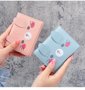 Short PU leather wallet for women with cute cartoon rabbit ears in pink and light blue
