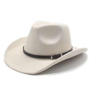 Detail of wide brim felt cowboy hat with leather band and engraved silver buckle