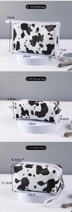 Three-piece cow print cosmetic bag set including pouch and tote with dimensions