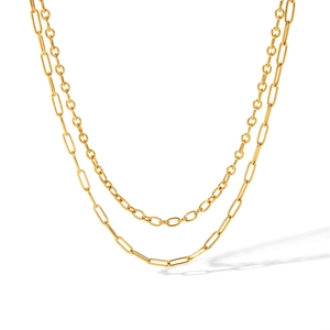 Detail of a gold-plated multi-layer necklace with paperclip and o-chain styling