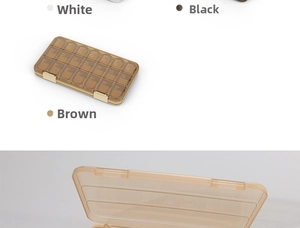 Macro detail of 14-compartment medicine organizer showing gold clasp and brown translucent case