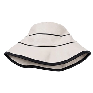 Minimalist beige leather bucket hat with black contrast trim detail for women
