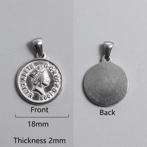 Macro view of 18mm Roman coin pendant showing Queen portrait and brushed texture