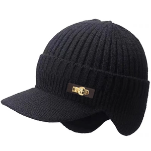 Men Winter Knit Beanie Hat With Brim Warm Ear Protection Thickened Thermal Acrylic Outdoor Windproof Hat And Neck Warmer
