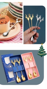 Detailed view of reindeer antler stainless steel spoons in gold and silver gift sets