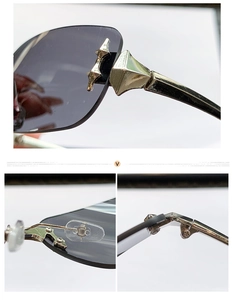 Detail of star-shaped metal hinge and adjustable nose pads on rimless sunglasses