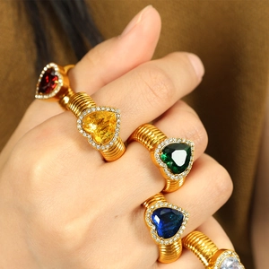 Golden spring texture heart rings with multi-color gemstones and diamond halo