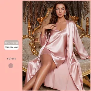 Elegant dusty pink imitation silk two-piece pajama set with V-neck slip dress and long robe