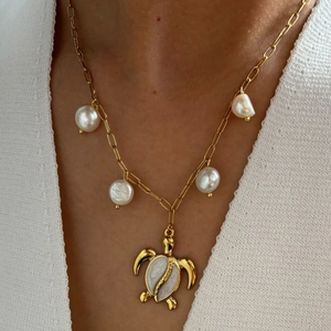 Sea Turtle Pendant Necklace 316L Stainless Steel 18K Gold Plated Natural Freshwater Pearl Shell Style For Women