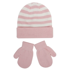 Detail of pink and white striped knit baby hat with matching warm mittens set
