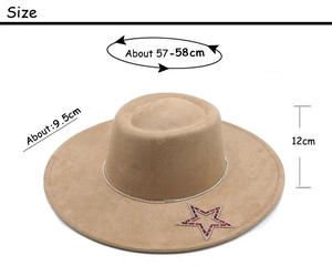 Detailed measurement of wide brim khaki fedora with rhinestone star and band