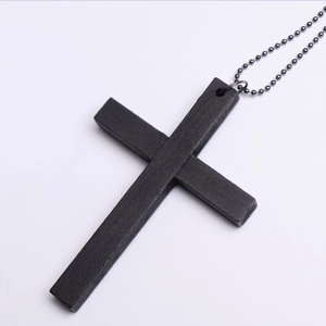 Vintage gothic wooden cross pendant necklace with black bead chain for Halloween fashion