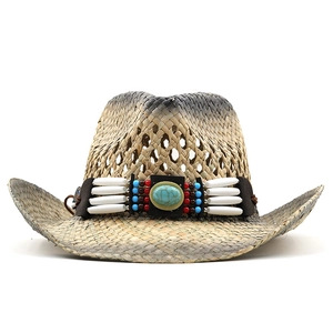 Men's western straw cowboy hat with wide brim, stone beads, and gradient finish
