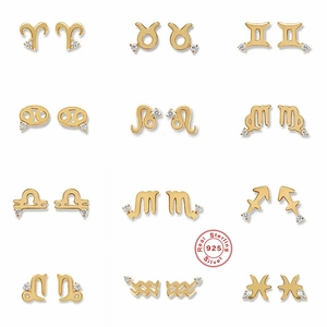 Minimalist S925 sterling silver zodiac stud earring set with gold finish and small diamonds