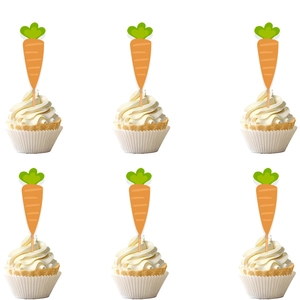 Detail view of carrot cake toppers arranged in a 2x3 grid on cupcakes for Easter parties