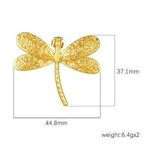 Vintage golden stainless steel dragonfly stud earrings measuring 44.8mm by 37.1mm