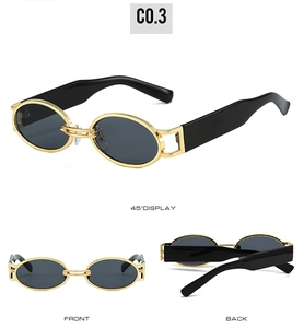 Multiple views of vintage oval gold metal sunglasses with thick black temples and lenses