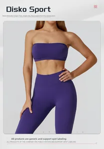 Detail view of purple seamless sports bra and leggings on a model with sizing information