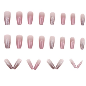 24-piece long coffin press-on nails set with pink gradient and rose gold glitter finish
