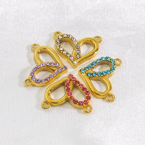 14K gold plated stainless steel heart charms with colorful cubic zirconia stones