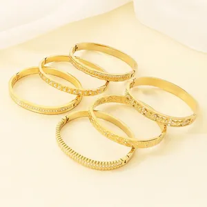 18K Gold Plated Stainless Steel Bangle Bracelet For Women Shiny Zircon Inlaid Geometric Floral Pattern Fashion Jewelry