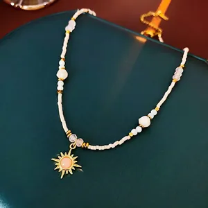 Beaded Necklace With Sun Pendant Copper 18K Gold Plated Natural Stone Pink Gemstone Sunflower Fashion For Women