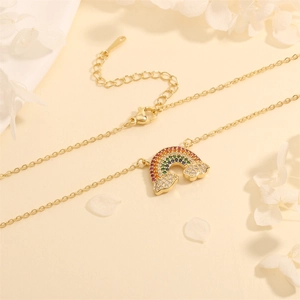 Detailed view of a gold-plated rainbow pendant necklace with colorful zircon stones