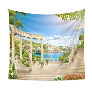 Detail of Mediterranean garden landscape tapestry with marble statues and sea view scenery