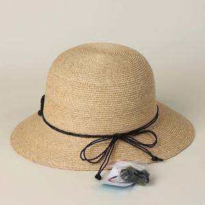 Elegant raffia sun hat with flower embroidery and black bow for women beach wear