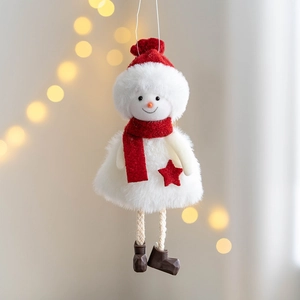 Plush Christmas snowman hanging ornament with red hat and star decoration for tree