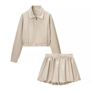 Women Beige PU Leather Jacket And Puffed Shorts Fashion Casual Long Sleeve Zipper Lapel Outerwear Streetwear
