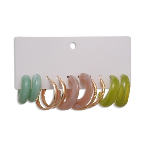 Ten-piece set of geometric C-shaped acrylic earrings in green and pink on white card