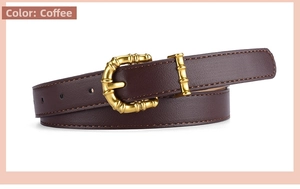 Detail of coffee brown PU leather belt featuring a gold bamboo-style buckle closure