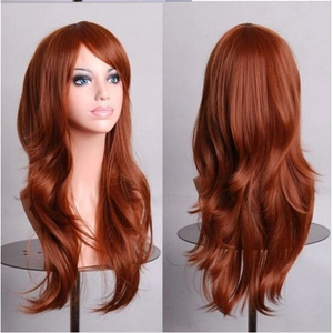 Front and back views of 70cm reddish-brown long wavy synthetic wig with bangs