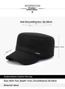 Detailed size chart for black wool flat cap showing 7cm brim and 56-60cm circumference