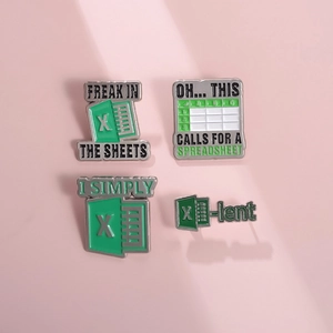 Set of four creative green Excel spreadsheet enamel pins for office laptop bags